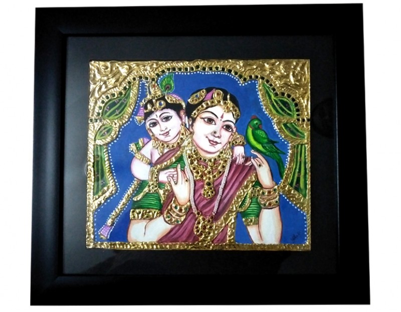 Yashoda & Krishna in Tanjore Artwork for Wall Decor